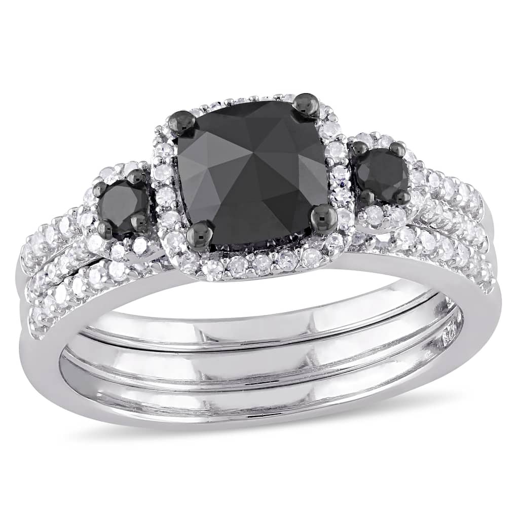 Miadora 1 3/4ct TDW Black White Diamond Bridal Ring Set in Sterling Silver