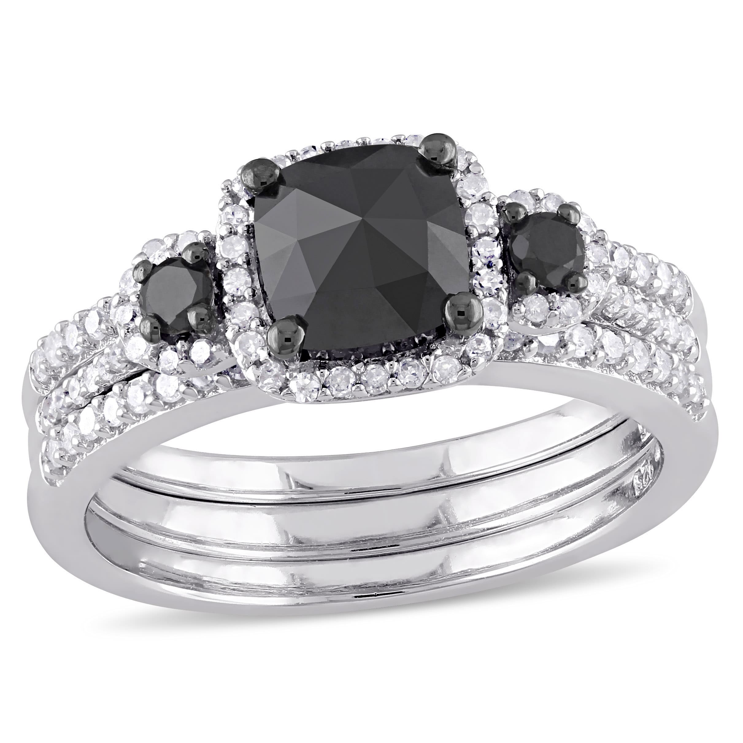 Miadora 1 3/4ct TDW Black White Diamond Bridal Ring Set in Sterling Silver