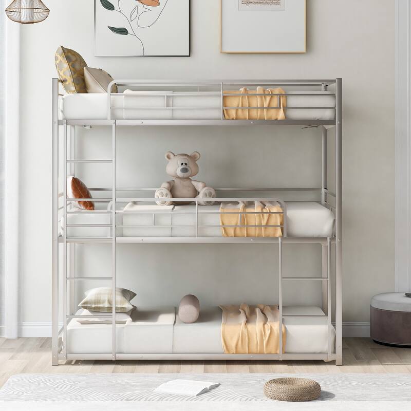 Metal Triple Bunk Bed Frame Sturdy Steel Slat Support