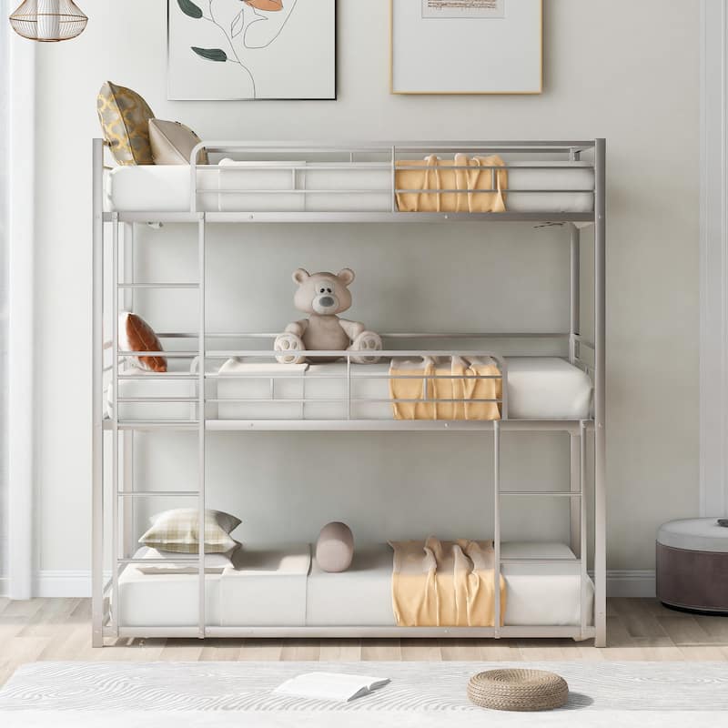 Metal Triple Bunk Bed for 3 Kids, Convertible into Platform Bedframe