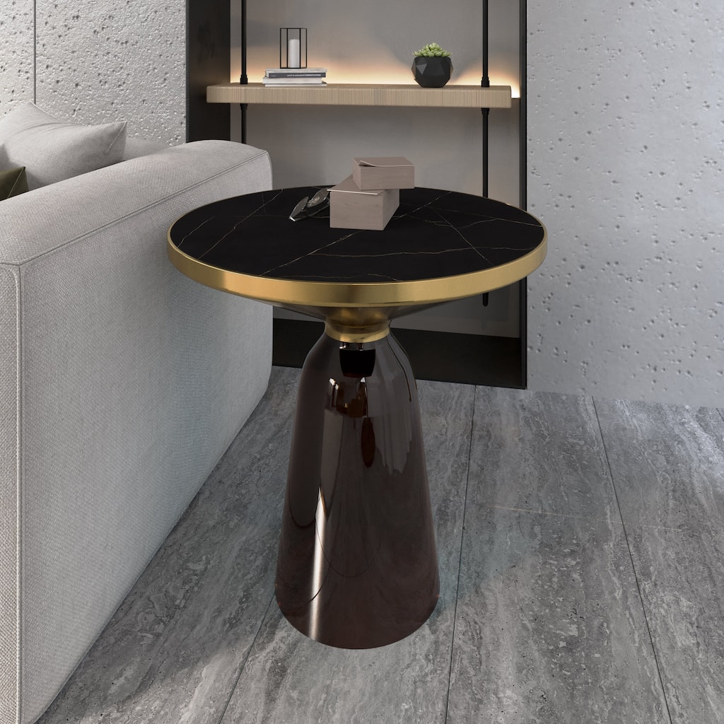 Tully Round Glass/Stone Tabletop Side Table End Table with Gold Iron Rim and Glass Base Fully Assembed