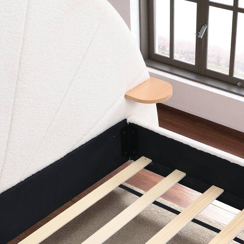 Queen Size Upholstered Arched Boucle Bed Frame with Built-in Small Table, Beige Modern Platform Bed