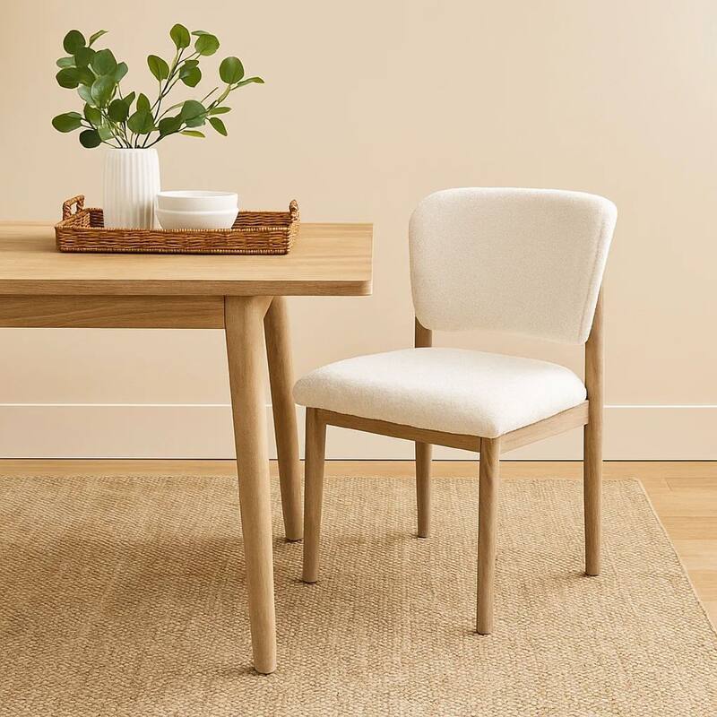Dining Side Chair Set of 2, Plush White, Open Back, Natural Gray Wood