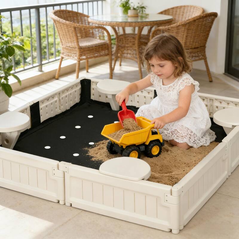 GDFStudio Outdoor Lior HDPE Kids Sandbox with Seats and Protective Cover