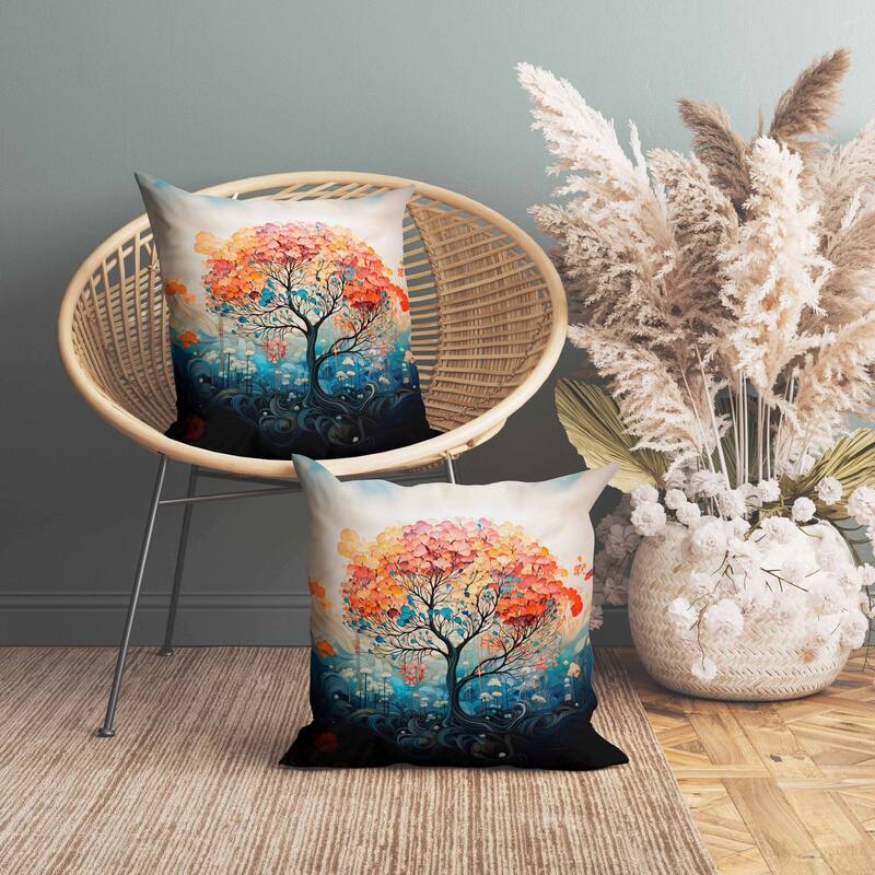 Beautiful Tree of Life Indoor/Outdoor Reversible Throw Pillow Orange and Blue