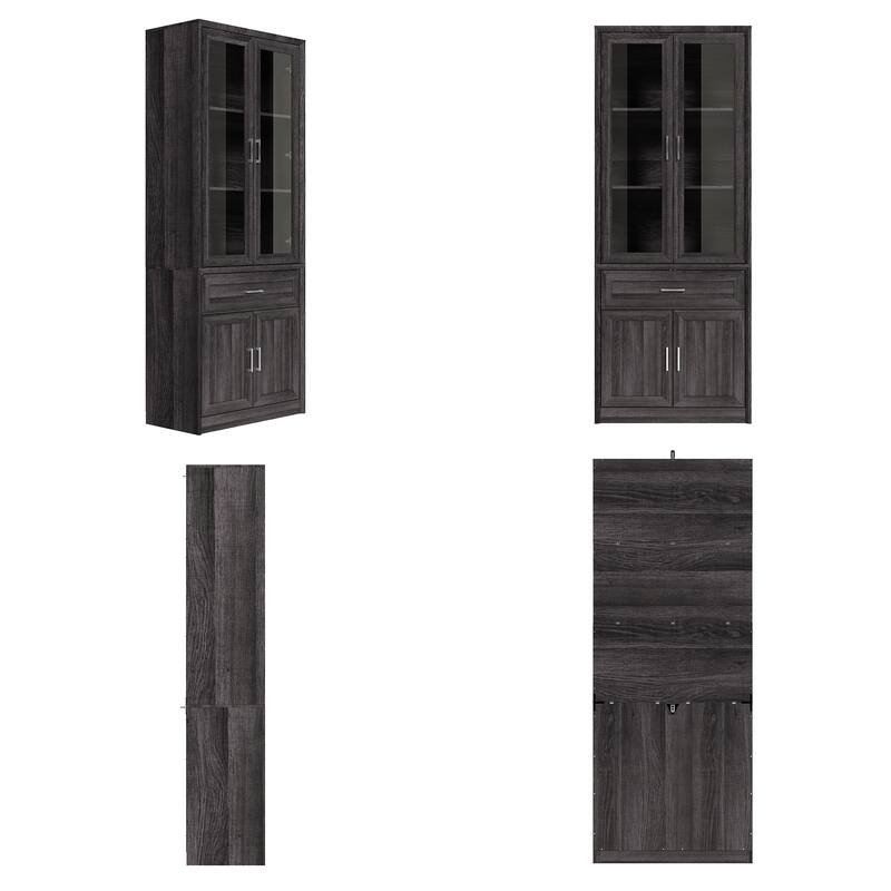Modular Glass Door Bookcase Wall Unit with Storage Cabinets and Drawers, Dark Oak Display Hutch for Living Room or Home Office