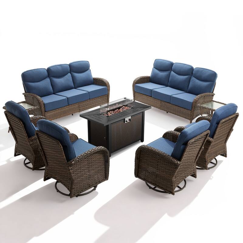 Meyreso 9-Piece Wicker Outdoor Patio Fire Pit Sofa Set with 6-Inch Thick Cushions