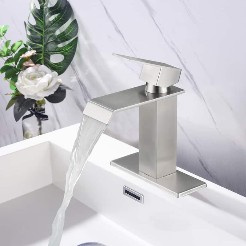 Modern Single Handle Waterfall Hand Bathroom Sink Faucet with Waterfall Spout Design, Corrosion and Rust Resistant - Off-White