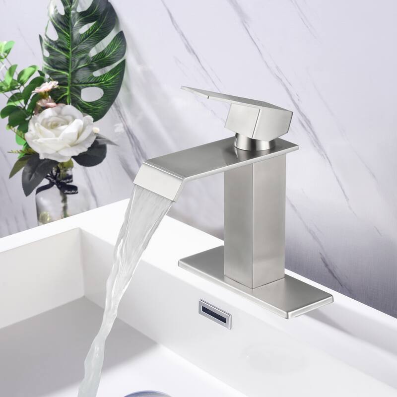 Waterfall Spout Bathroom Faucet,Single Handle Bathroom Vanity Sink Faucet - Brushed Nickel