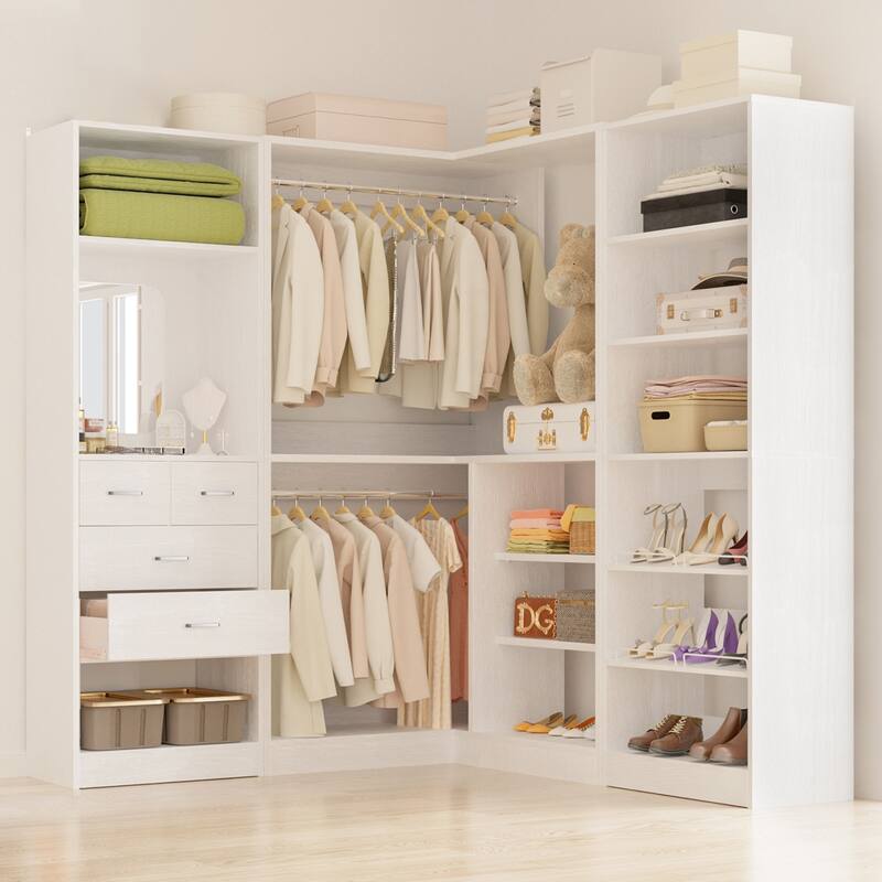 Cimly Set of 3 Corner Closet System with Drawers and Mirror, Multi-functional Closet Organizer with Shoe Racks