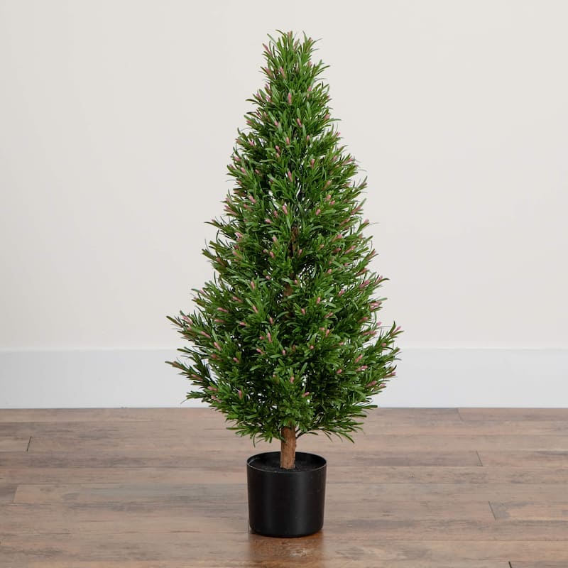 Rosemary Cone Artificial Potted Topiary Tree - 3' - Green and Pink