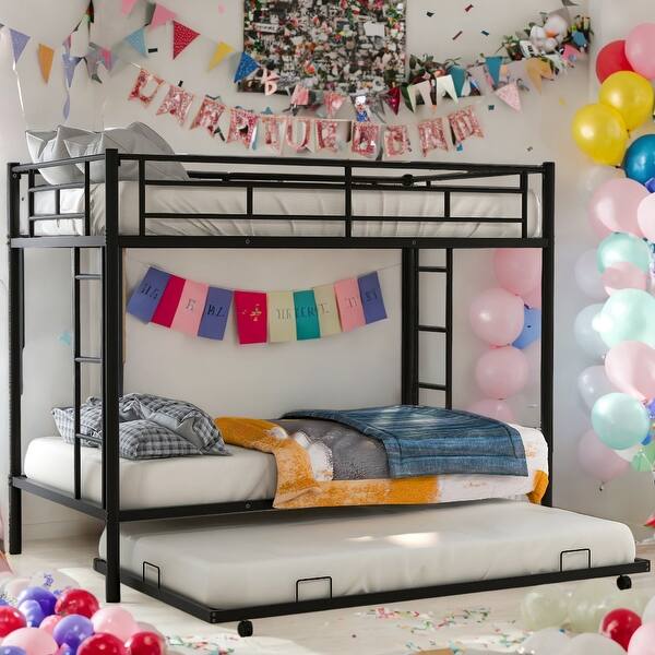 slide 2 of 27, Twin Over Twin Bunk Bed With Trundle,Two Ladders,Metal Frame for Home Black