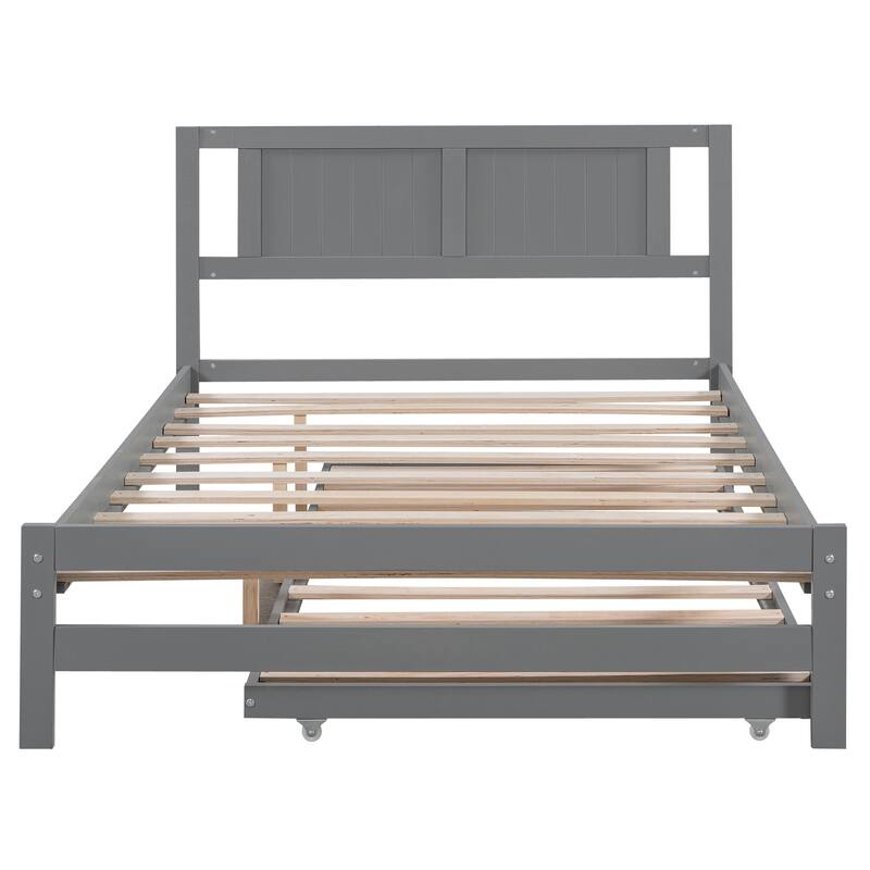 Full Size Platform Bed with Adjustable Trundle in Gray