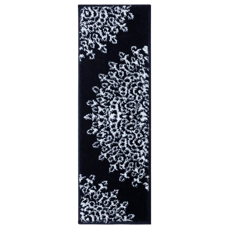 Beverly Rug Indoor Non Slip Carpet Medallion Stair Treads w/ Installed Tape 9"x28" Navy / Ivory