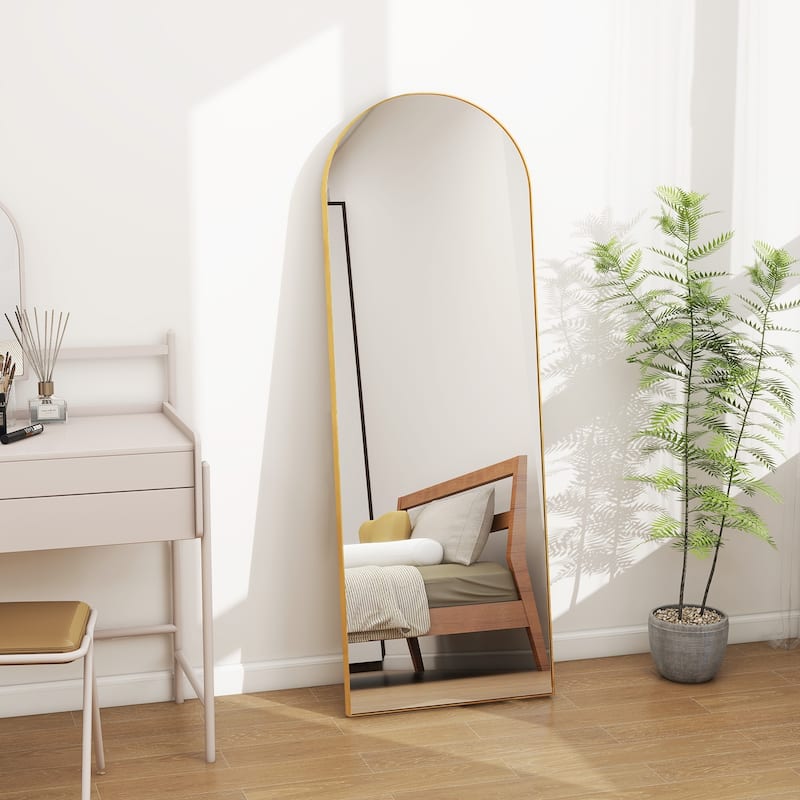 Full Length Arched Mirror with Shatter-Proof Glass & with Stand Aluminum Alloy Frame for Bedroom Cloakroom, Floor Standing - 64"L x 21"W - Gold