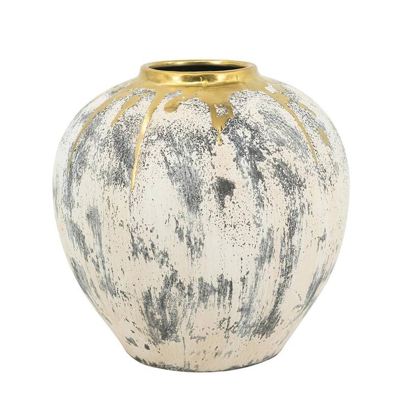 12" Gray Ivory And Gold Modern Abstract Ceramic Table Vase - 11.80