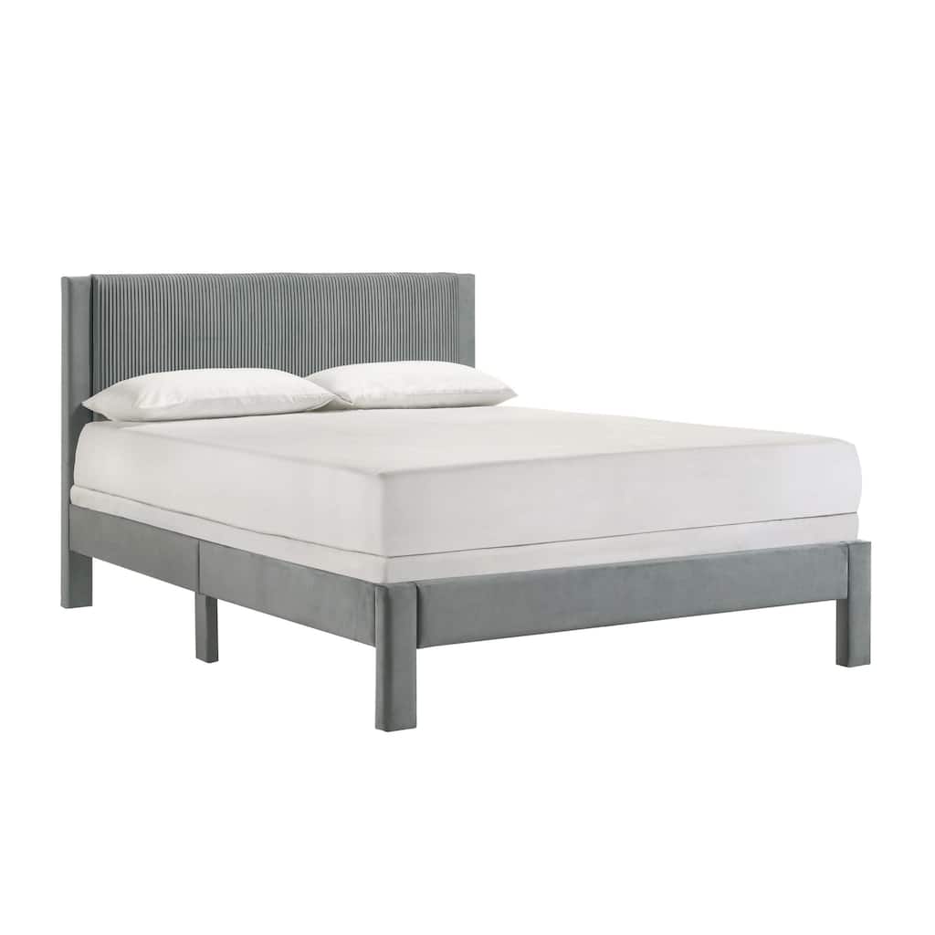 Cery Full Size Platform Bed, Light Gray Upholstery, Textured Headboard