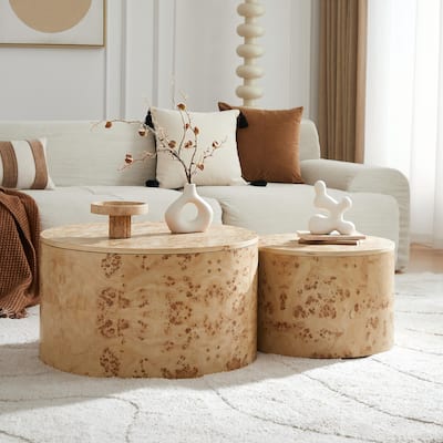 Nested Round Coffee Table Set with Burl Wood Veneer - 2-Piece MDF Storage Tables with Adjustable Feet