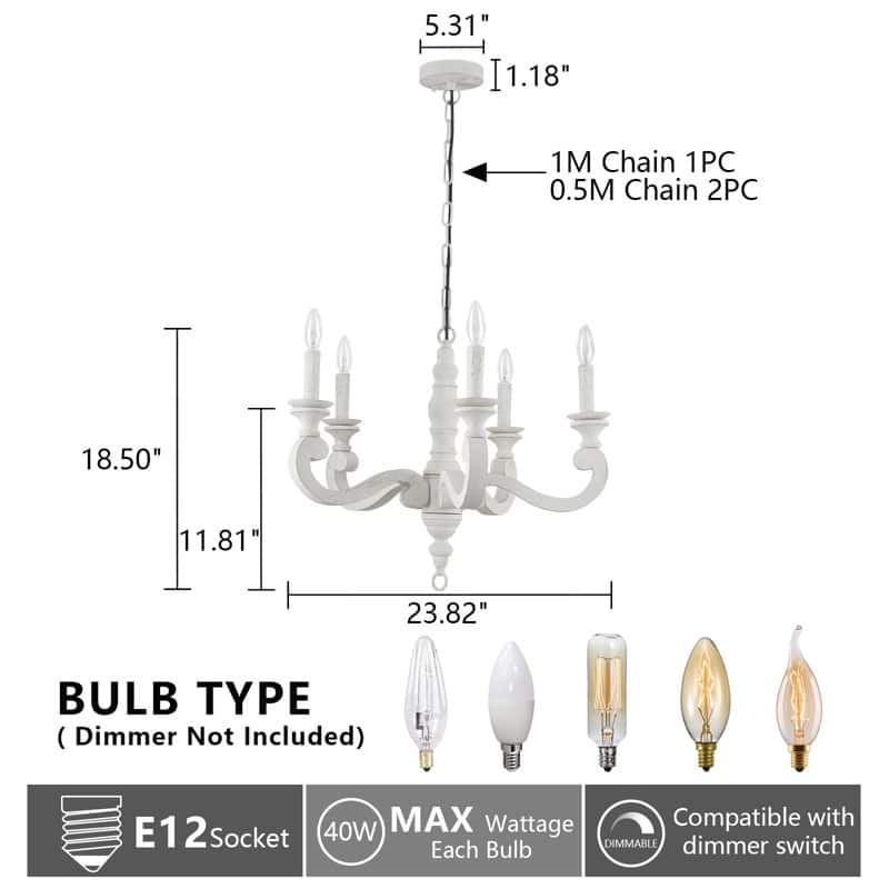 5 - Light Candle Style French Country Antique Chandelier