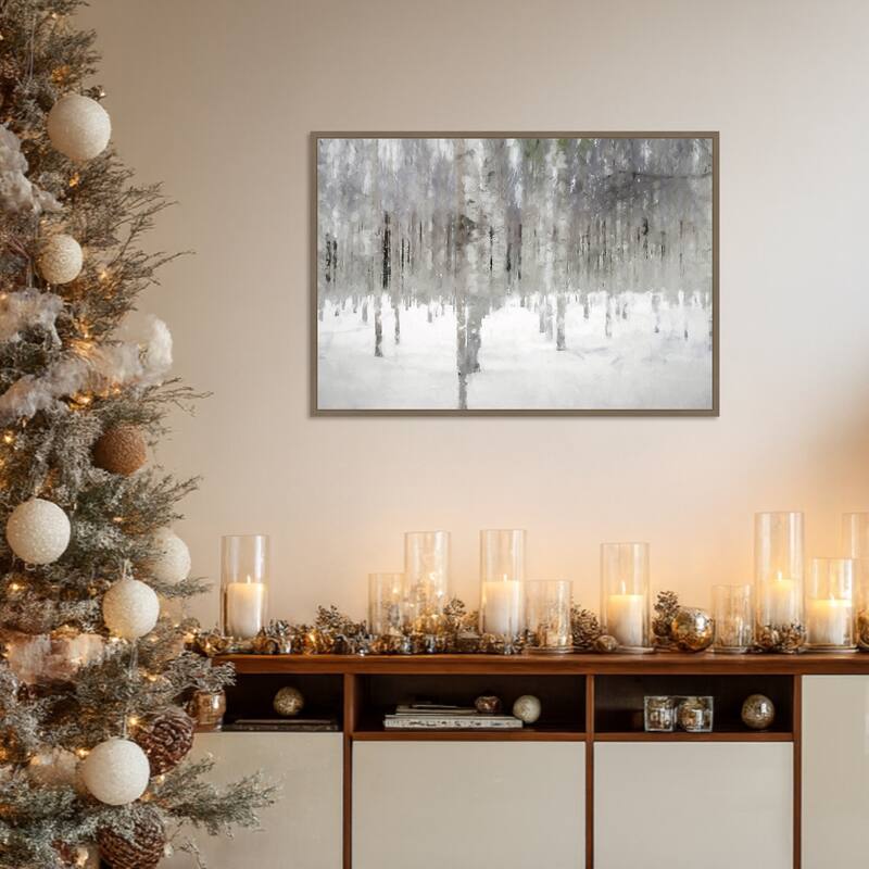 Birches In Fog by Kim Curinga Framed Canvas Wall Art Print - Sylvie Dark Gold