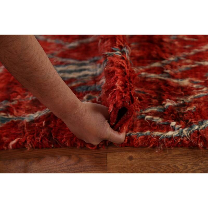 Hand Knotted Oriental 100% Wool Carpet Modern Tribal Red Moroccan Area Rug - 9' 9'' X 6' 5''
