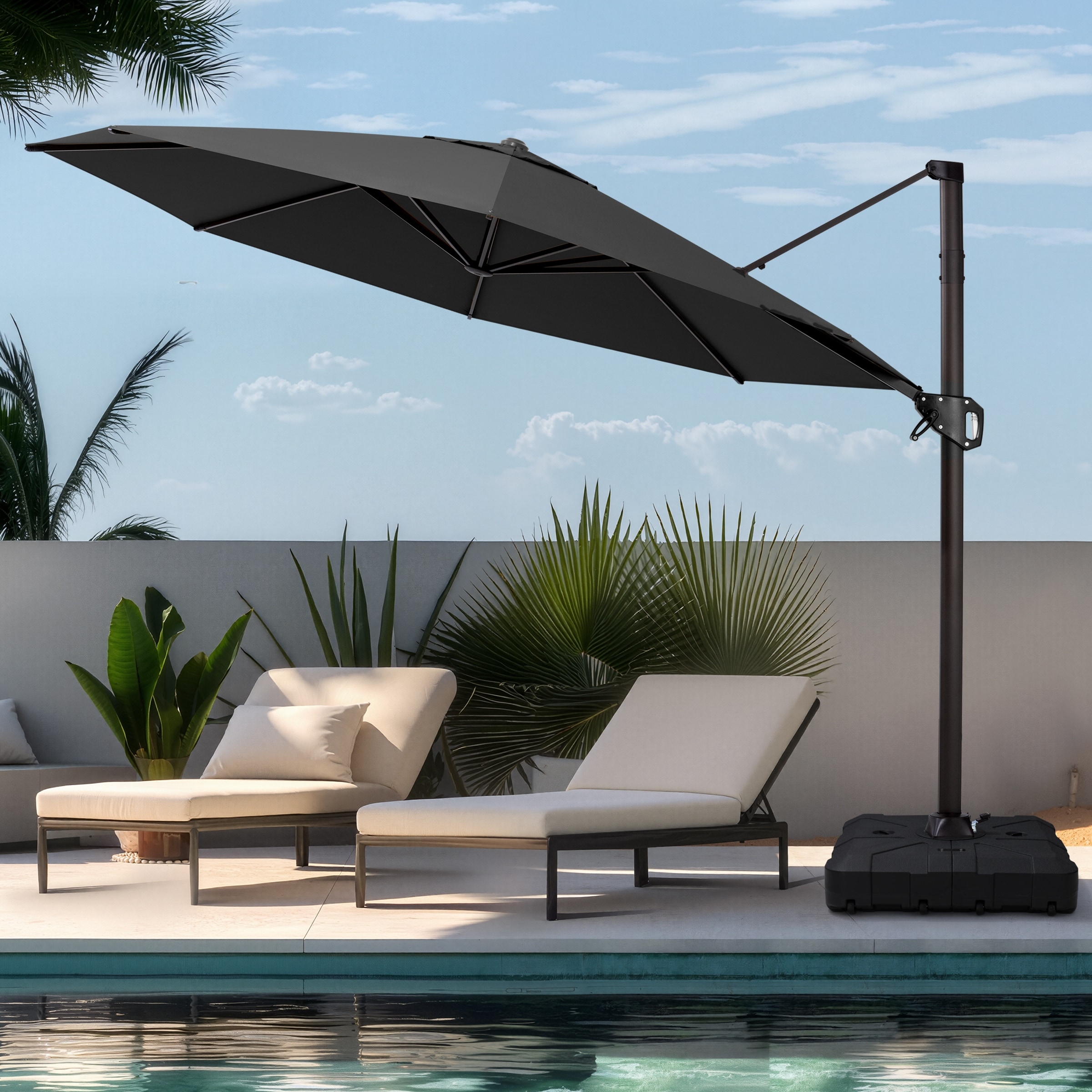 Pellebant 11X11FT Outdoor Patio Cantilever Offset 360 Degree Rotation Umbrella with HDPE Base