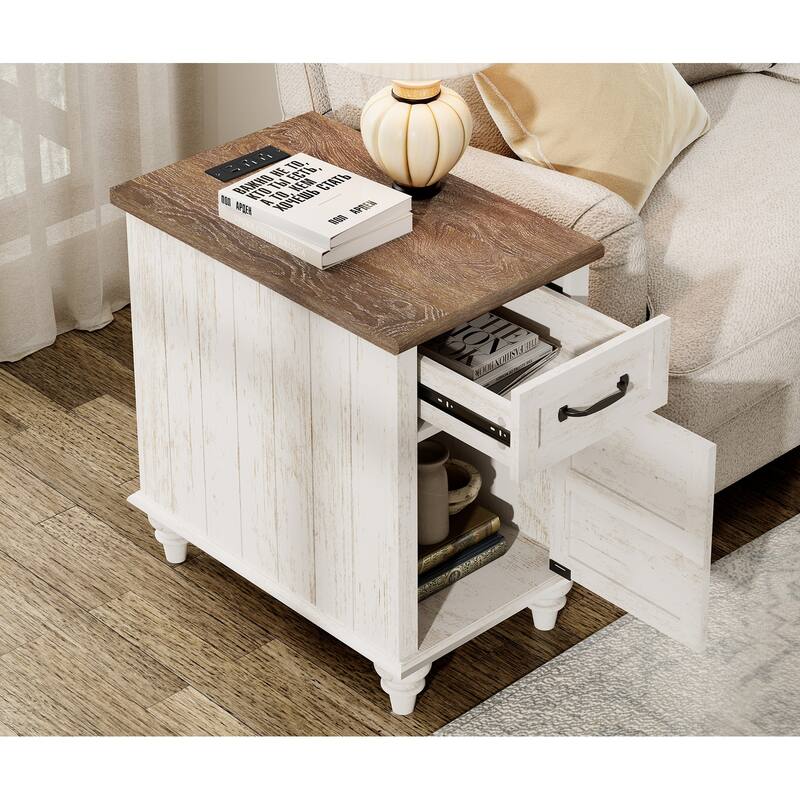 End Table with Charging Station, Side Table with Storage, Power Outlets & Type-C USB Ports for Living Room