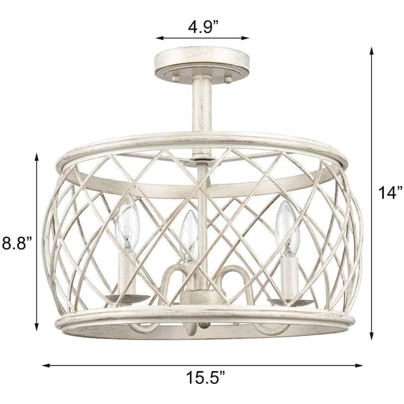 Treviso Farmhouse 3-Light Drum Semi Flush Mount Ceiling Light Metal Shade Antique White - Antique White