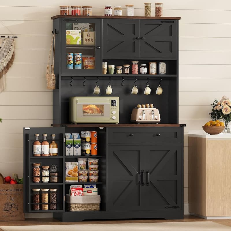 Farmhouse Kitchen Pantry Cabinet Drawer & Doors Adjustable Shelf - Black