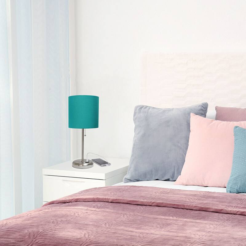 Creekwood Home Oslo 19.5" Bedside Usb Port Metal Table Desk Lamp - Brushed Steel/Teal Shade - 9x9x15