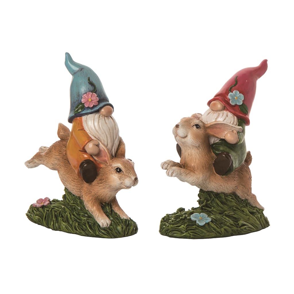 Transpac Resin Gnome Bunny Rider Figurine Set of 2 Spring Home Decorations
