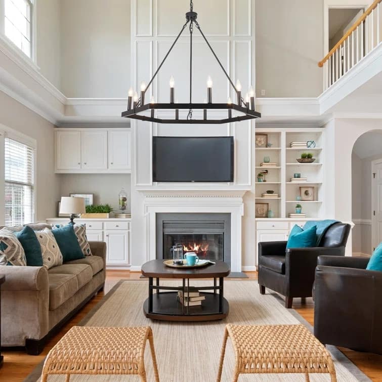 Modern Farmhouse 12-Light Hexagonal Design Wagon Wheel Chandelier for Dining Room Living Room Bedroom Kitchen - W35.43"x H27.83"