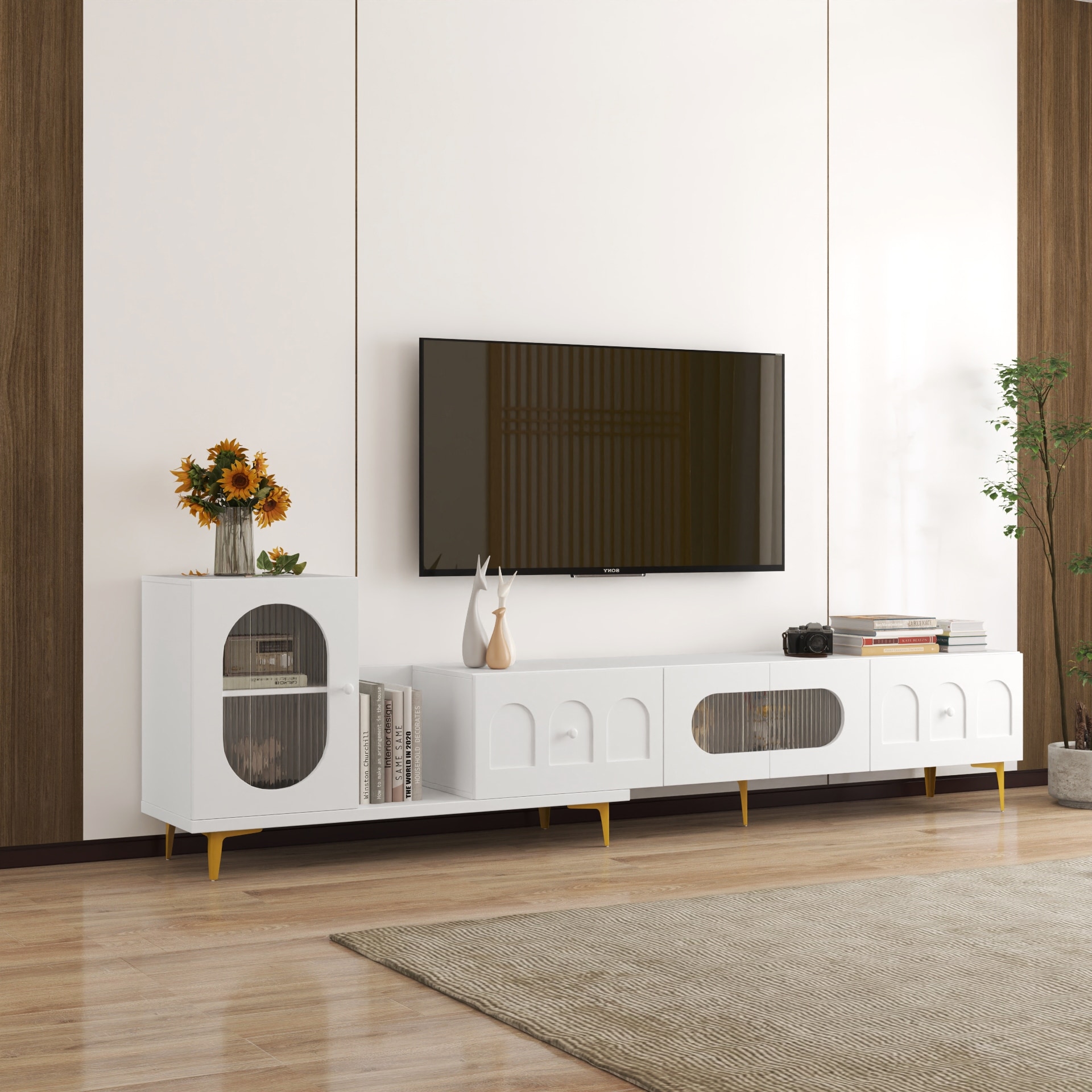 Extendable TV Stand with Storage Cabinets, Modern Entertainment Center Media Console Table for Living Room