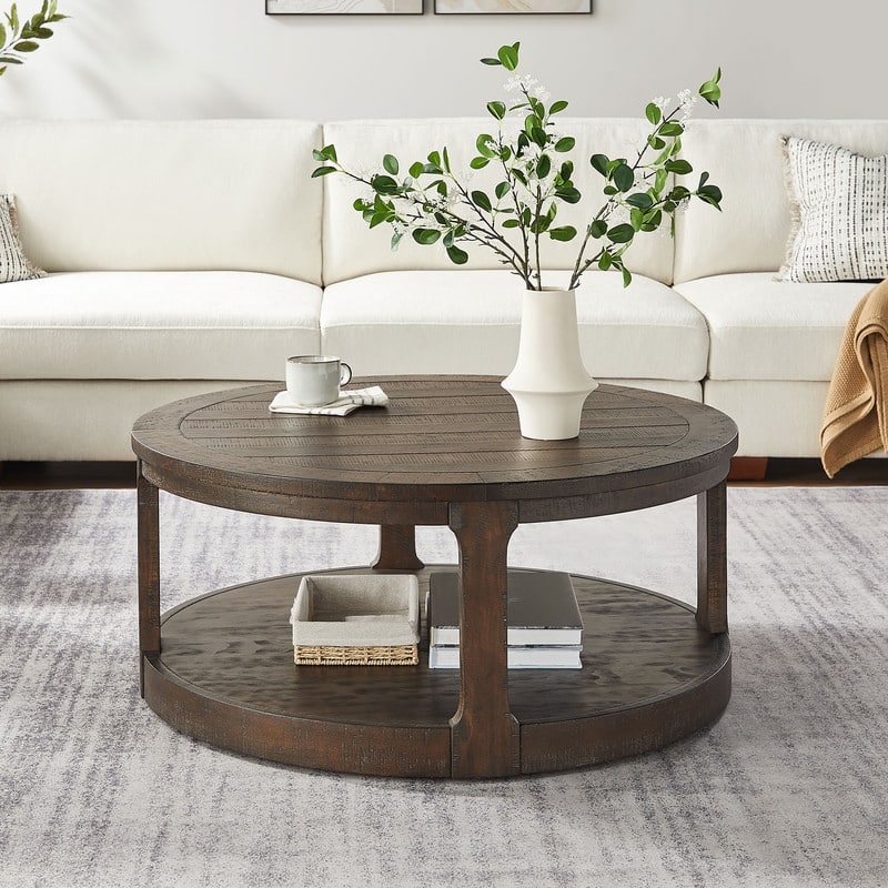 40" Large Curved Two-Tier Traditional Round Wooden Coffee Table with Wheels, Mid-Century Rustic Style
