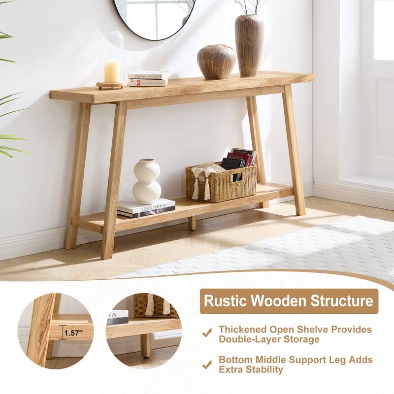 59" Solid Oak Wood Entryway Console Table Sofa Table with 2-Tier Storage - 59"L x 13.8"W x 30"H