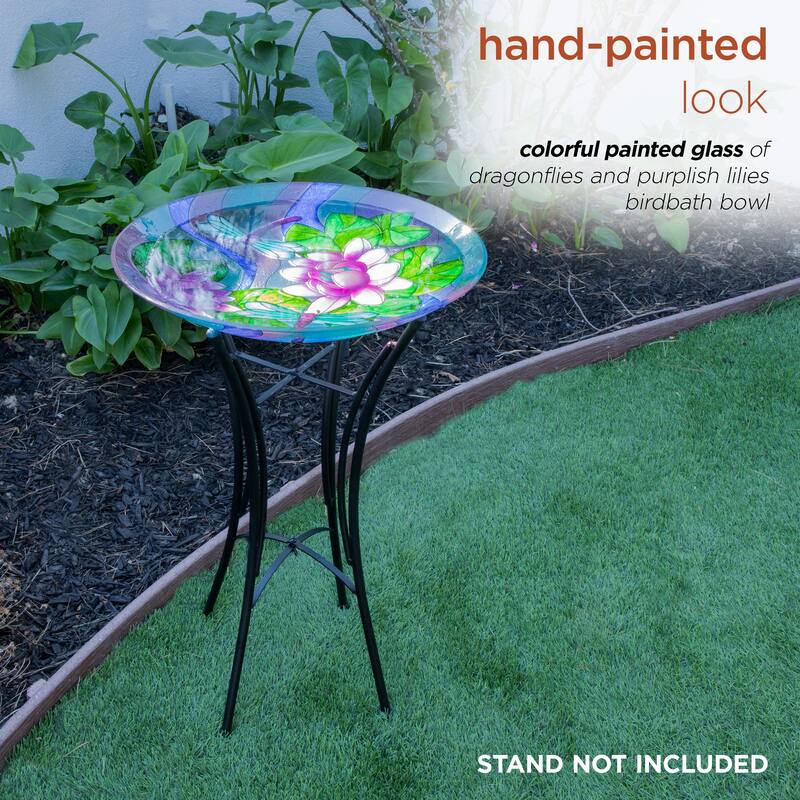 Alpine Corporation 18" Glass Birdbath Topper with Purple Dragonfly Painted Finish