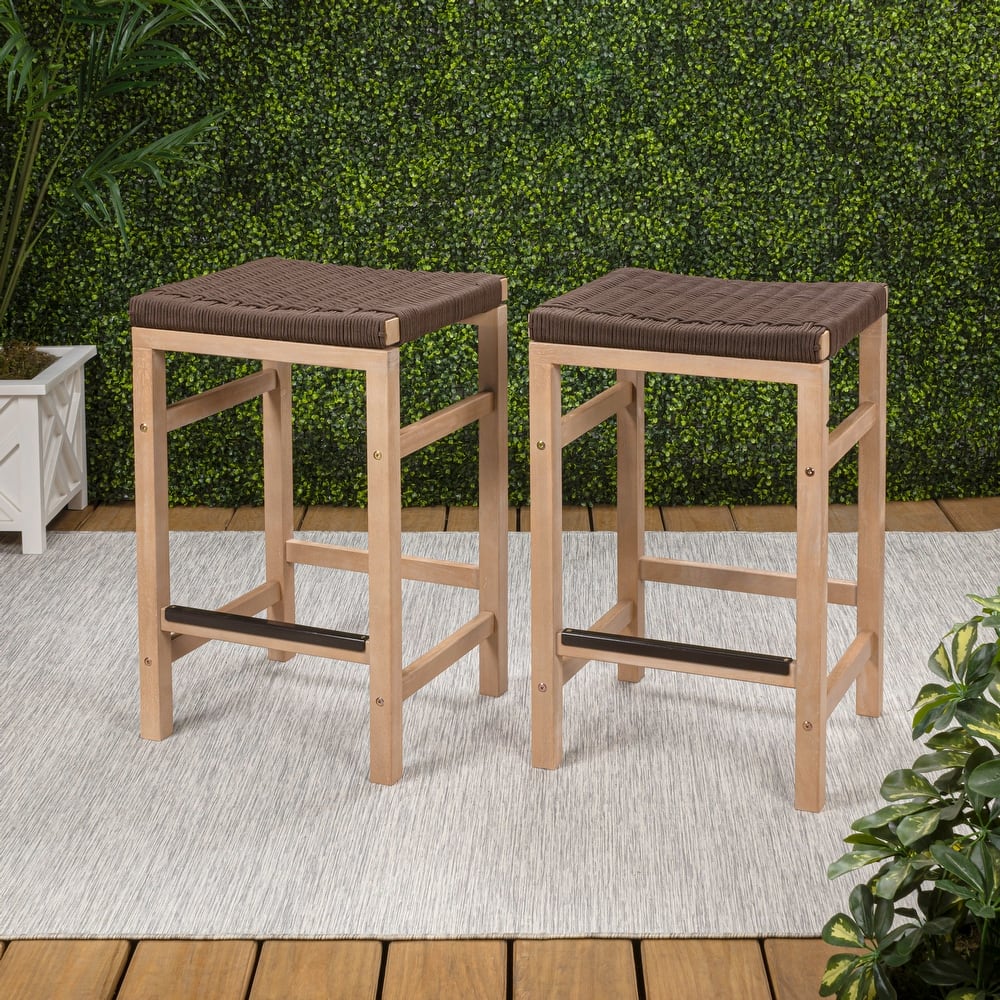 Armand Backless Acacia Wood Outdoor Stool with Woven Rope Seat, (Set of 2)