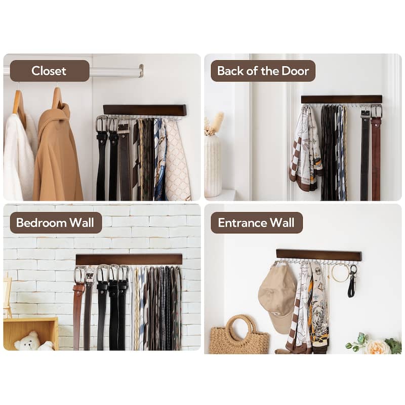 2-pack Wall-Mounted Wooden Hangers with 20 Hooks for Ties, Belts, Hats