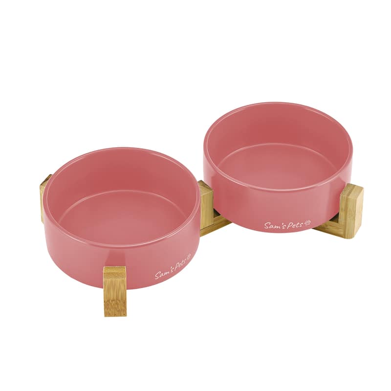 Coco Dual Pet Bowl with Wood Stand 5.11'' in Pink - 10.8