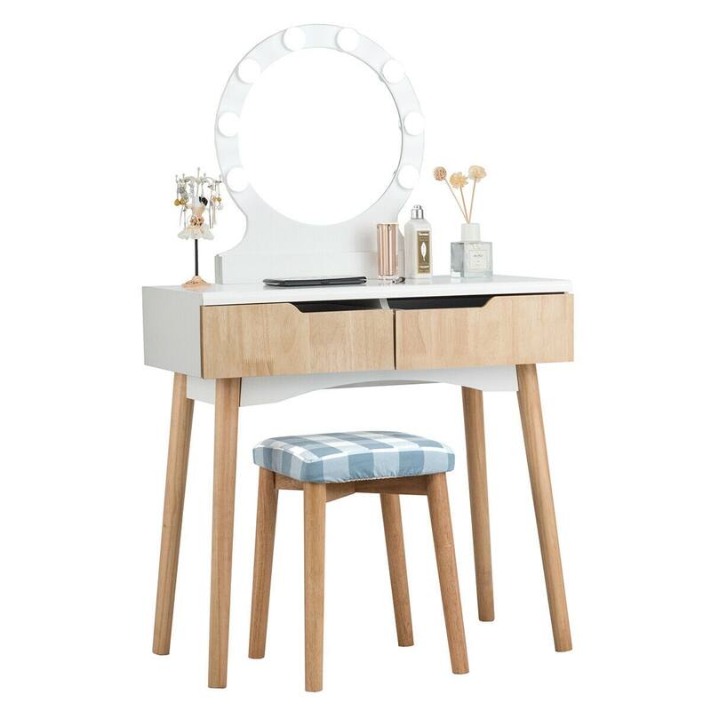 Dressing Table with Large Round Mirror and 8 Light Bulbs for Bedroom - 31.5" x 16" x 52" (L x W x H)