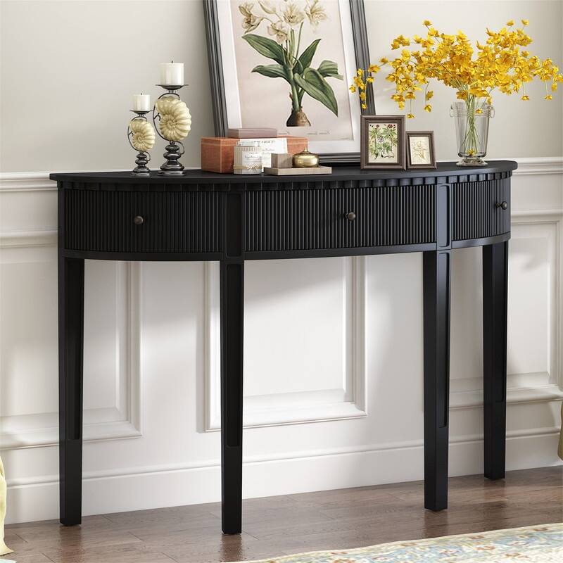 Curve Design Console Table with 3 Storage Drawers, Modern Entryway Table Sofa Table with Vertical Stripe Design and 4 Legs