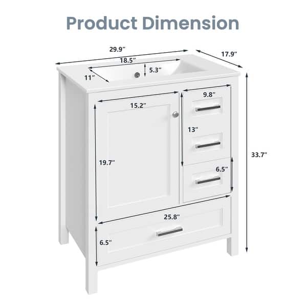 dimension image slide 3 of 5, Modern Bathroom Vanity with Ceramic Sink, Soft-Close Storage Cabinet and Glossy Easy-Clean Countertop