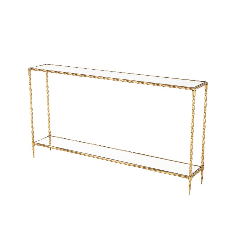 Metal Twisted Rope Inspired Console Table with Mirrored Glass Top and Shelf - Gold - Roche River Decor
