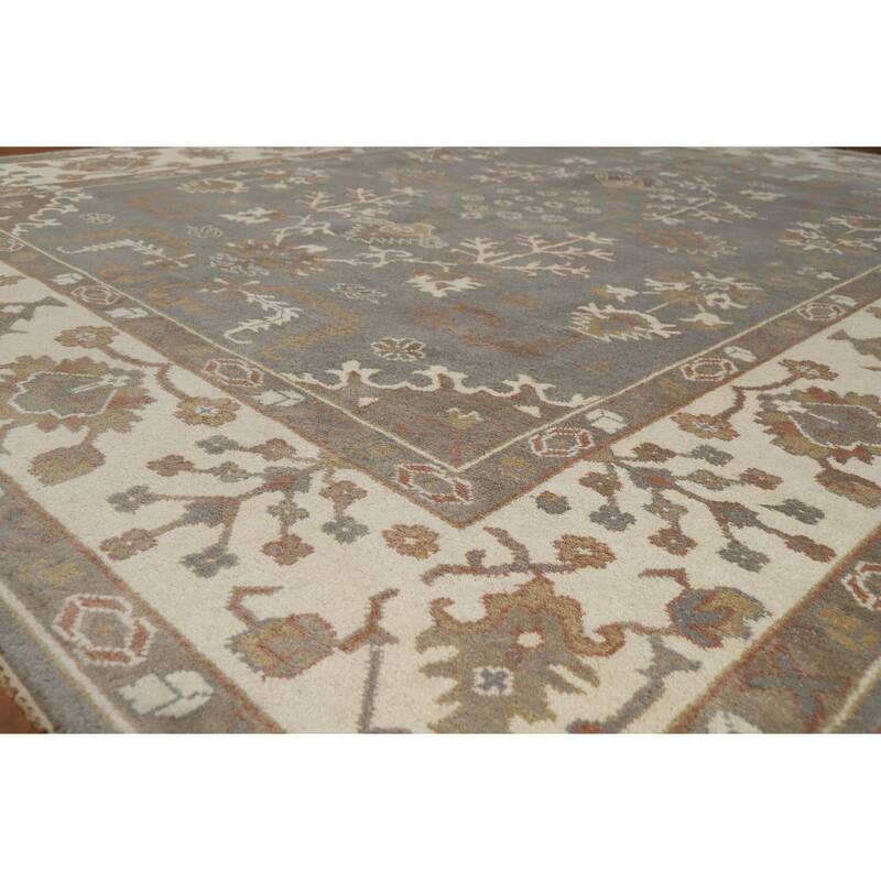 Gray Oushak Indian Area Rug Handmade Transitional Floral Wool Carpet - 9'2" x 11'7" - Grey - 9'2" x 11'7"