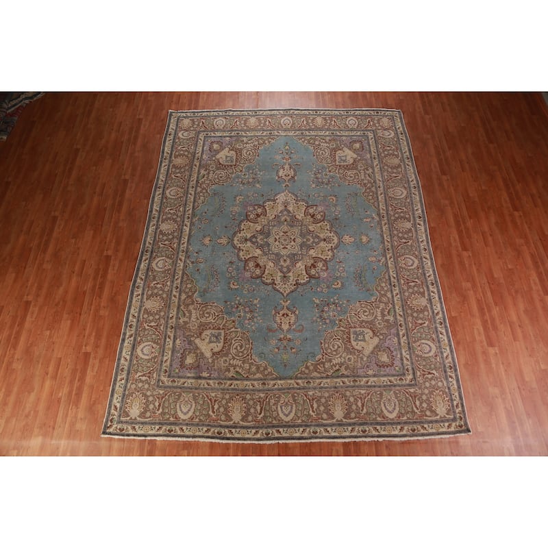 Blue Tabriz Persian Vintage Area Rug Handmade Wool Carpet - 9'6" x 12'8"