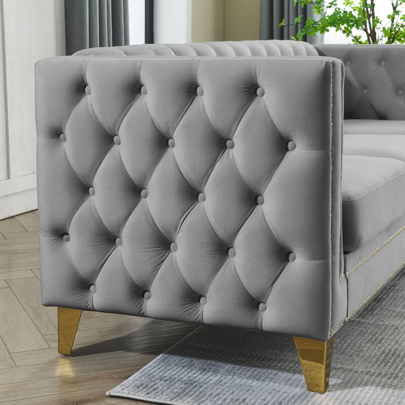 Modern Velvet Sofa Couch Upholstered Button and Metal Legs