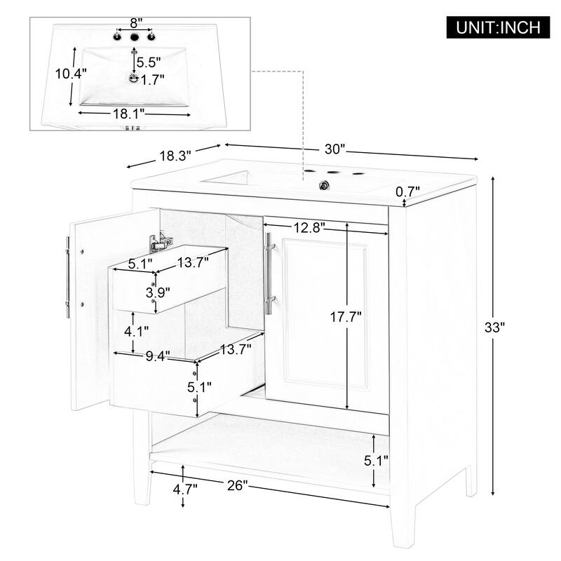 30-inch Freestanding Vanity for Bathroom with Sink, Storage Cabinet with 2 Built-in Drawers, Open Shelf and Silver Handles