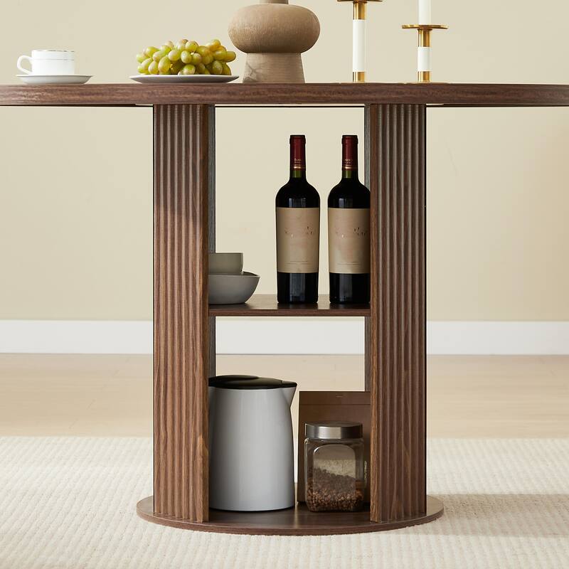 Anmytek Modern Farmhouse 3 Piece Round Dining Set Walnut Wood Table with Storage Shelf and 2 Chairs for 2 to 4 People