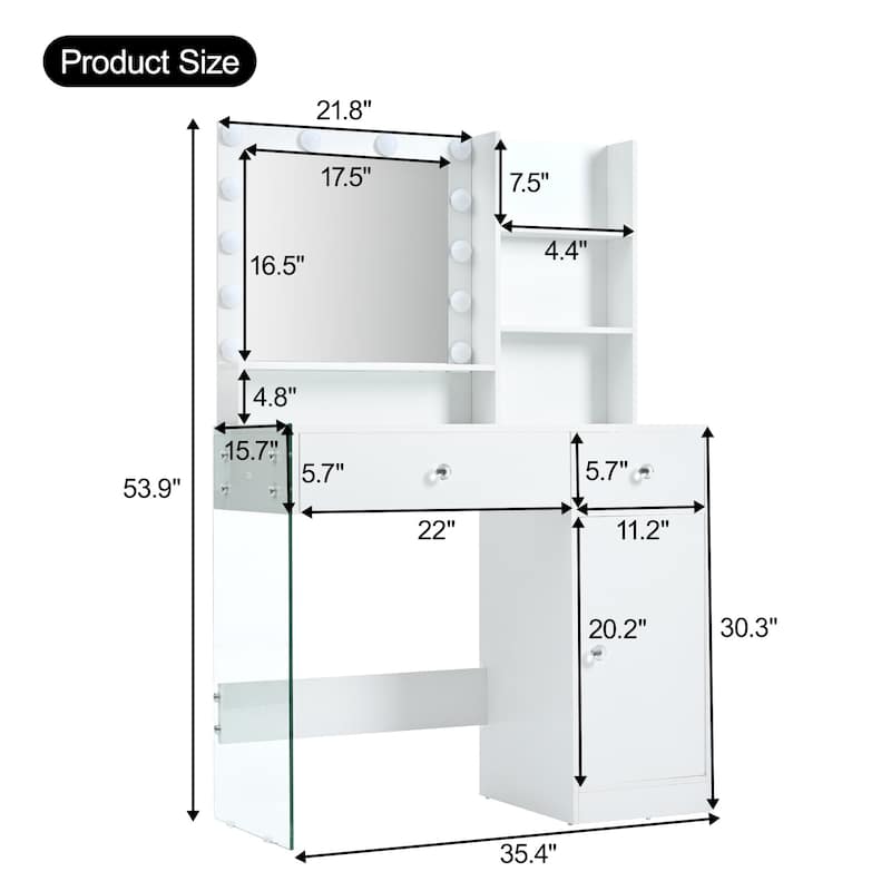 Modern Vanity Table with Hollywood Mirror, 3-Mode LED Lights, Glass Legs, 2 Drawers and USB Charging Station