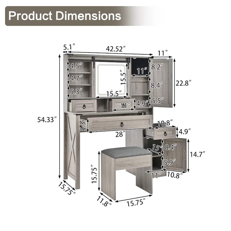 2-Piece Bedroom Makeup Vanity Set with Stool, Farmhouse Glass Top Vanity Desk with Sliding Mirror, Lights and Charging Station